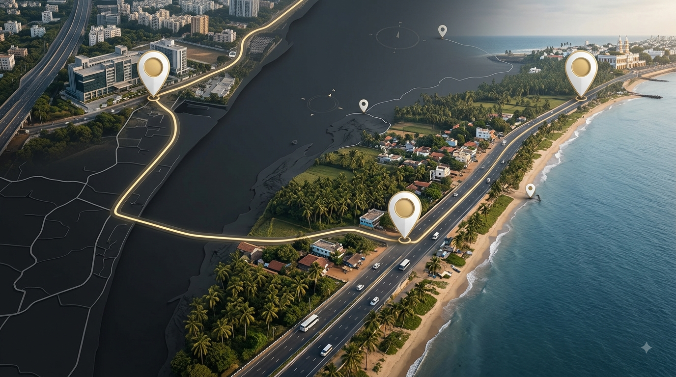 Chennai Adambakkam to Pondicherry taxi route map
